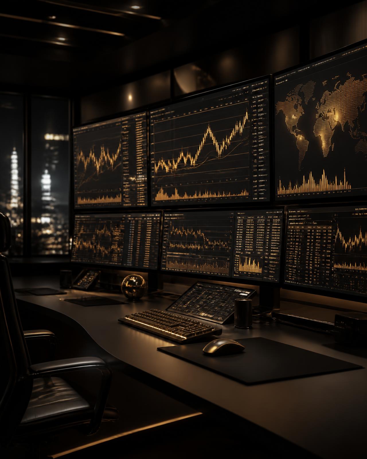 Institutional trading terminal at night — multi-monitor workstation with charts and market data.